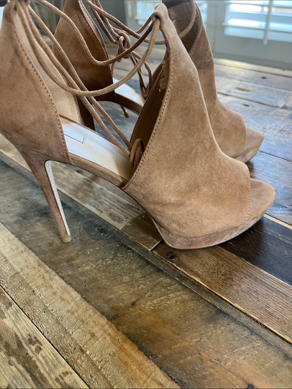 Aldo Taupe Suede Lace-Up Peep Toe Stiletto Heels